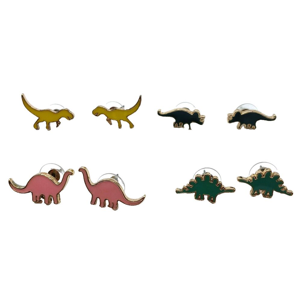 Dinosaur Pierced Earrings Set Enamel Gold Tone T-Rex Stegosaur Brachiosaurus+